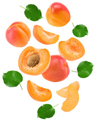 flying cut of apricot fruit with green leaf isolated on white background. clipping path