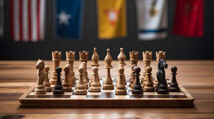 Close-Up Wooden Chess Pieces on a Wooden Chessboard Celebrating Global Unity with World Flags. Generative AI