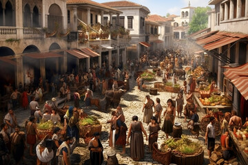 Ancient Greek Marketplace. Generative AI.
A digital illustration of an active ancient marketplace on market day.