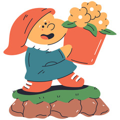 Cute garden gnome with flower in pot vector cartoon character isolated on a white background.