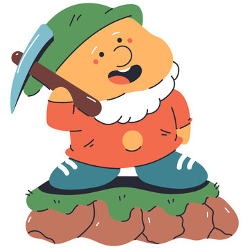 Cute garden gnome with pickaxe vector cartoon character isolated on a white background.