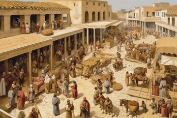Ancient Greek Marketplace. Generative AI.
A digital illustration of an active ancient marketplace on market day.
