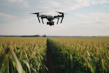 Digital futuristic farming. Drone technology revolutionizing corn industry in serene summer landscape