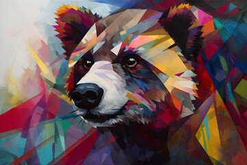 A beautiful bear, modern artwork, abstract colorful painting with geometric shapes. Hand drawn digital painting. Generative AI