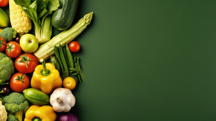 Tomatoes, corn, broccoli, onions, garlic and peppers on a green background. The concept of vegetarianism. Generative AI