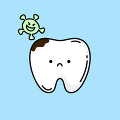 Tooth character with caries. The concept of brushing teeth. Tooth with bacteria. Dental symbol. Children's dentist. Vector illustration in doodle style