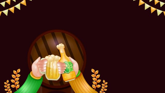 Bottles and mugs of frothy beer clink, off two sweater sleeves, with a tank of beer in the background. Party in the pub. 3d vector animation, perfect for events