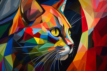 A beautiful cat, modern artwork, abstract colorful painting with geometric shapes. Hand drawn digital painting. Generative AI
