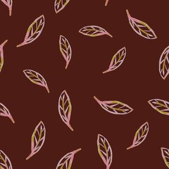 seamless pattern with hand-drawn red-green leaves on a dark red-brown background