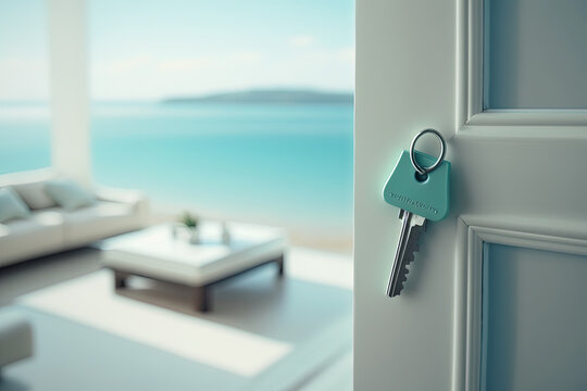 Open door with key to relaxation area in new apartment or hotel overlooking the sea. Terrace with panoramic sea views. Luxury vacation rental or buying overseas property on sea coast. Generative AI