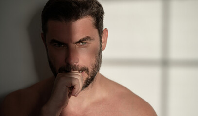 Man close up portrait. Face care of skin. Charming man with perfect smooth soft skin. Spa therapy....