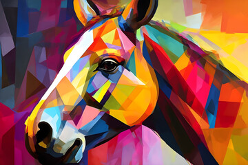 A beautiful donkey, modern artwork, abstract colorful painting with geometric shapes. Hand drawn digital painting. Generative AI