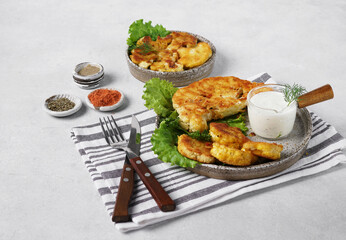 Cauliflower steak with spices cooked on the pan. Vegetarian dish