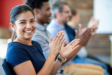 Audience portrait, group applause and happy woman, business team or staff at presentation, seminar...