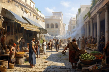 Ancient Greek Marketplace. Generative AI.
A digital illustration of an active ancient marketplace on market day.