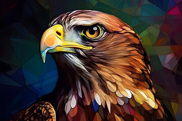 A beautiful hawk, modern artwork, abstract colorful painting with geometric shapes. Hand drawn digital painting. Generative AI