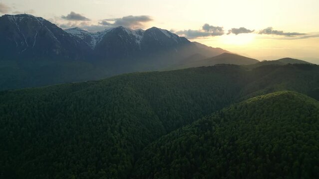 Golden sunset over Bucegi National Park. Azuga, Romania