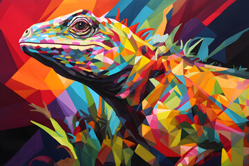 A beautiful iguana, modern artwork, abstract colorful painting with geometric shapes. Hand drawn digital painting. Generative AI