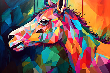 A beautiful llama, modern artwork, abstract colorful painting with geometric shapes. Hand drawn digital painting. Generative AI