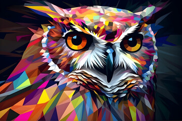 Obraz premium A beautiful owl, modern artwork, abstract colorful painting with geometric shapes. Hand drawn digital painting. Generative AI