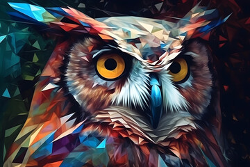 A beautiful owl, modern artwork, abstract colorful painting with geometric shapes. Hand drawn digital painting. Generative AI