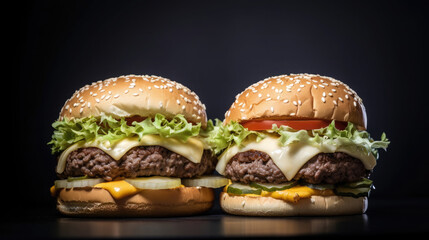 Side view of a burger on a dark rustic background with beef and cream cheese realistic close-up photo generative ai