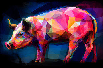 A beautiful pig, modern artwork, abstract colorful painting with geometric shapes. Hand drawn digital painting. Generative AI