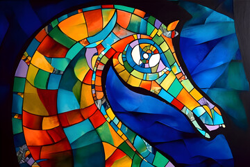 A beautiful seahorse, modern artwork, abstract colorful painting with geometric shapes. Hand drawn digital painting. Generative AI