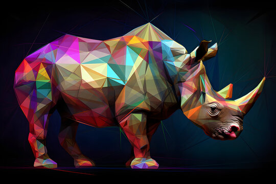 A beautiful rhinoceros, modern artwork, abstract colorful painting with geometric shapes. Hand drawn digital painting. Generative AI