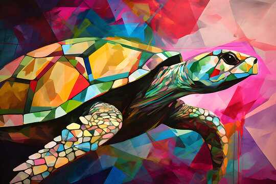 A beautiful turtle, modern artwork, abstract colorful painting with geometric shapes. Hand drawn digital painting. Generative AI