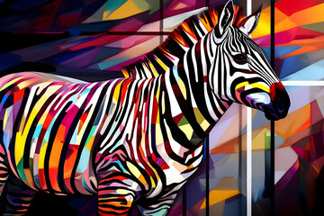 A beautiful zebra, modern artwork, abstract colorful painting with geometric shapes. Hand drawn digital painting. Generative AI
