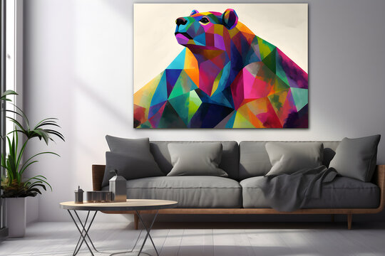 A modern interior - beautiful living room with a sofa and a a modern colorful artwork hanging on the big white wall. Generative AI