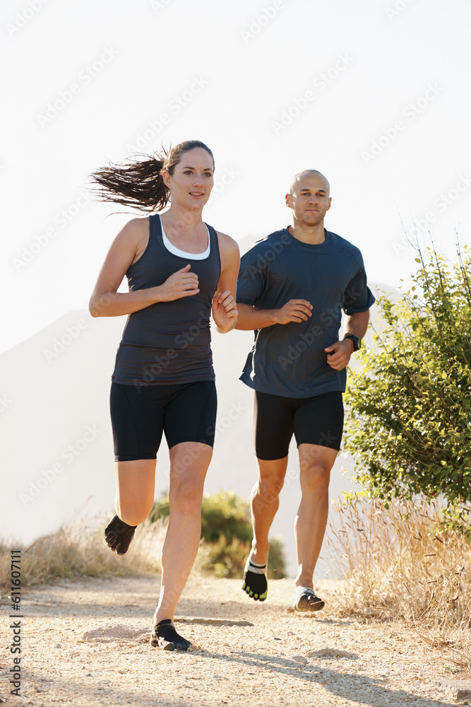 Canvas Prints Mountain, fitness and coach trail running with woman as workout or morning exercise for health and wellness. Sport, man and runner run with athlete as training in nature for sports or energy together