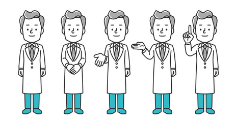 白衣を着た男性医師の全身イラスト、シンプルなイラスト素材