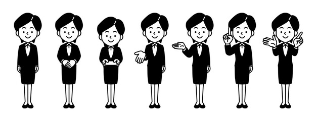 スーツ姿のショートヘアの女性全身イラスト、ビジネス向けのシンプルな白黒イラスト素材