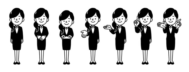 スーツ姿のロングヘアの女性全身イラスト、ビジネス向けのシンプルな白黒イラスト素材