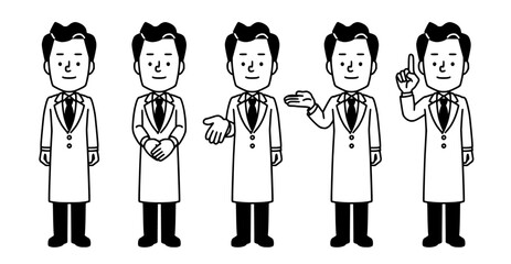 白衣を着た男性医師の全身イラスト、シンプルな白黒イラスト素材