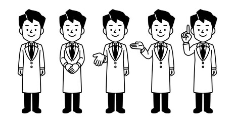 白衣を着た男性医師の全身イラスト、シンプルな白黒イラスト素材