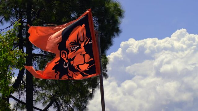Flag decorated during Hanuman Jayanti.  A flag of lord Hanuman at Mountain