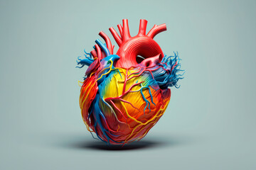 Color model of a human heart on a blue background. AI generation.