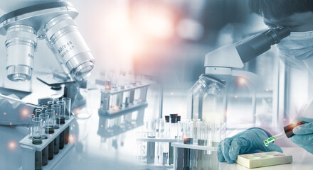 Double exposure microscope and Young woman scientific using equipment in the laboratory for research.Biotechnology,development,chemical,vaccine, Photo concept experimentation and research.