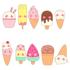 Cute ice cream set. Kawaii summer desserts. Sweet food with different emotions. Stock vector illustration