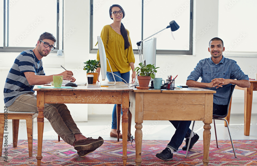 Aufkleber Coworking, web designer portrait and team in office with work and collaboration of small business. Startup, teamwork and staff in a workplace with communication of group with graphic design project