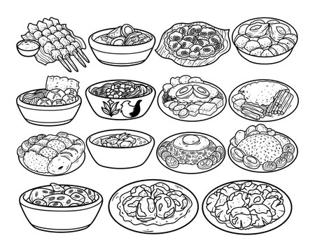 Set Of Indonesian Food Hand Drawn Outline Sketch Illustration