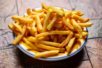 Freshly cooked french fries on plate on stone background.