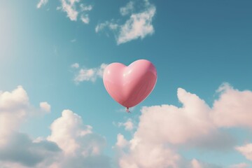 Obraz na płótnie Canvas Minimal love concept of pink heart balloon on blue sky with white clouds background. Creative Valentine's Day in pastel colors. Generative AI