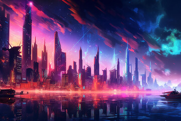 Fototapeta na wymiar Futuristic Neon Cyberpunk City, Generative AI
