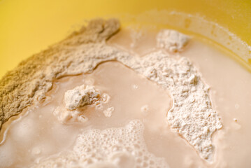Mixing flour, dry yeast and water. Cooking dough for bread or pizza close-up.