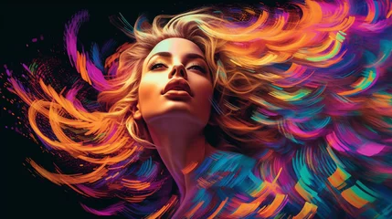 Pop art style abstract photography featuring a young woman and a colorful patterned background, psychedelic created with generative ai © Grafigator