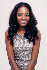 Beauty, smile and face portrait of a black woman in studio for makeup, hair extension or fashion. Happy african female model on a white background for facial cosmetics, skin glow and luxury aesthetic